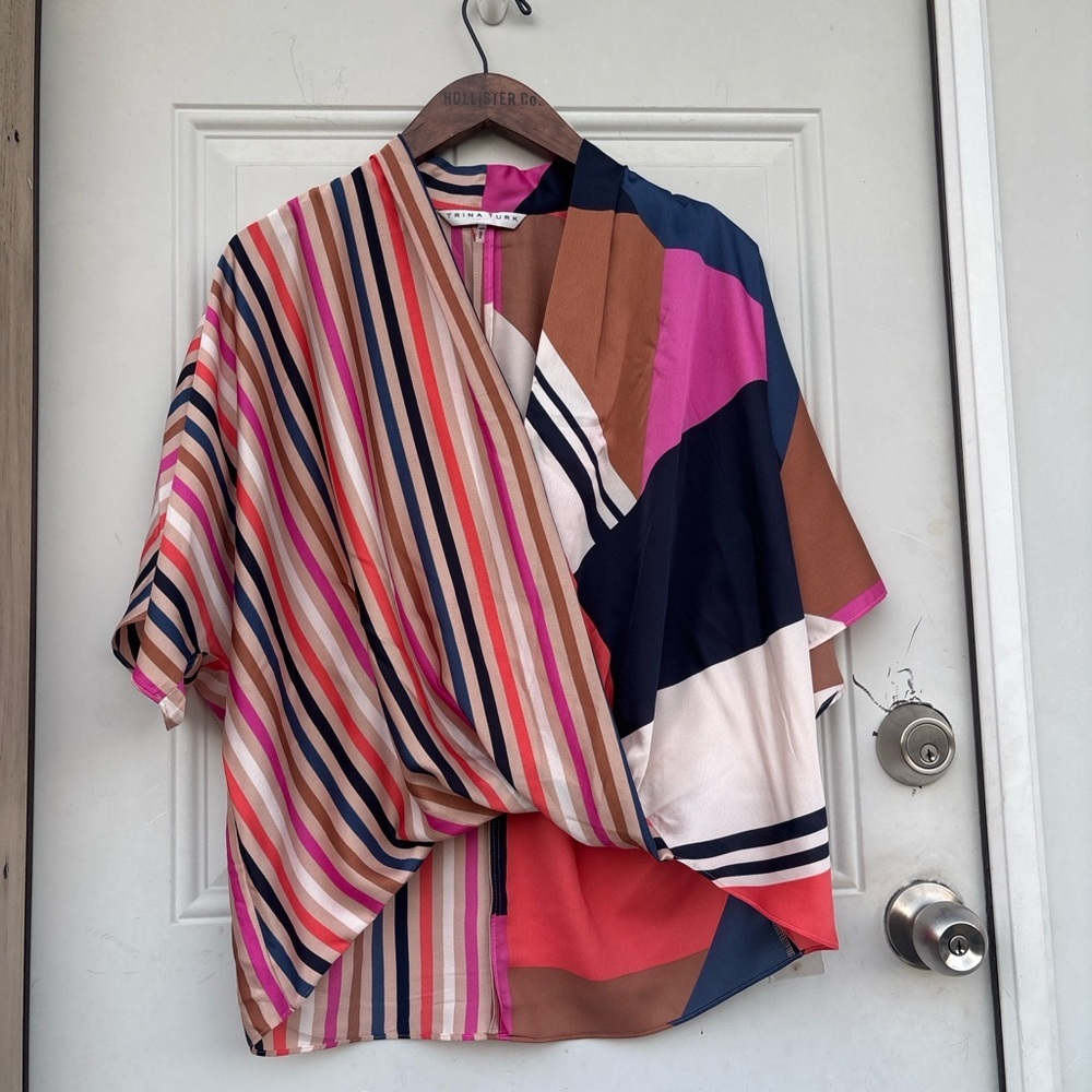 Trina Turk Multi-Stripe Wrap-Style Blouse in Pink, Navy & Brown